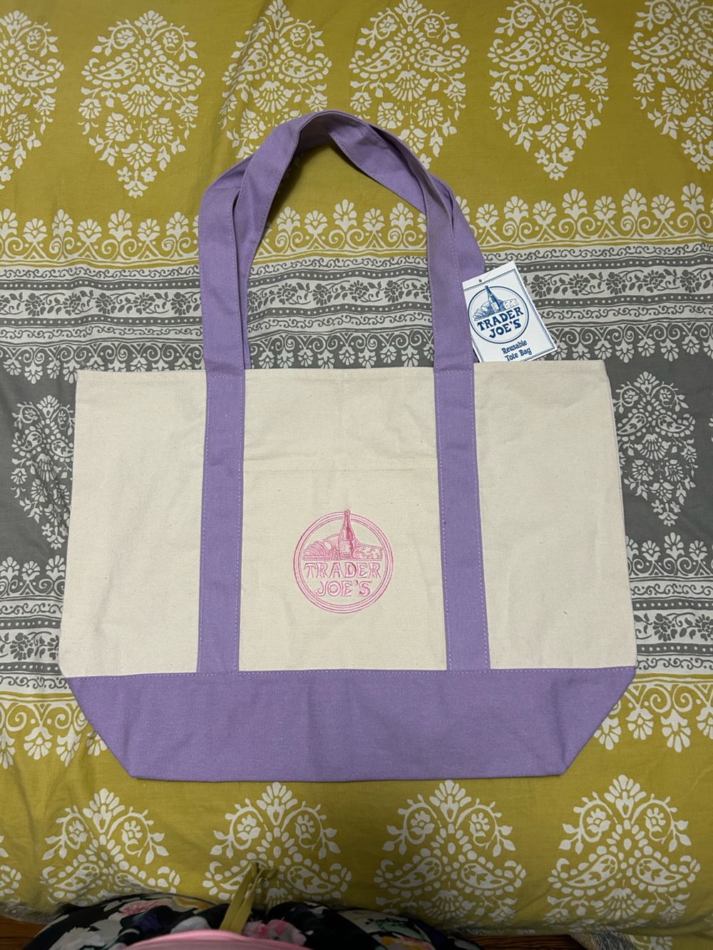 Trader Joe's Cream Canvas Tote with Lavender Trim. New! Limited edition.